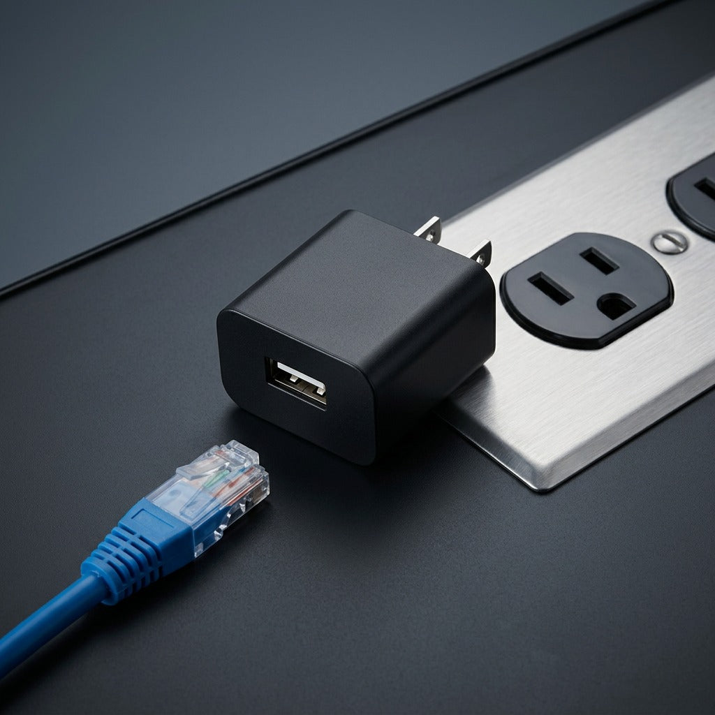 Compact TechBasic black USB wall charger next to an Ethernet cable and power outlet for scale.