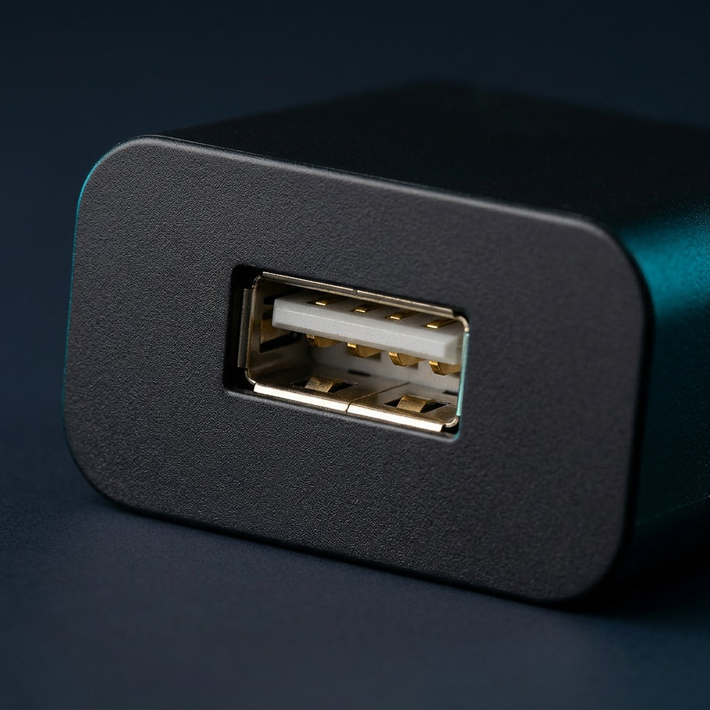 Macro close-up of the USB Type-A female port and matte black casing on the TechBasic wall charger.