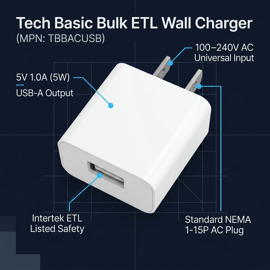 Feature diagram of the Tech Basic Bulk ETL USB wall charger with specs and NEMA 1-15P plug.