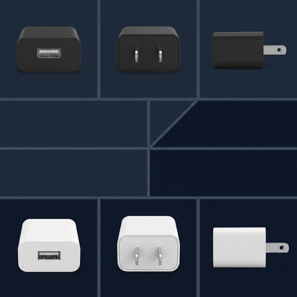 TechBasic USB wall charger variant grid showing black and white models from port, plug, and side angles.