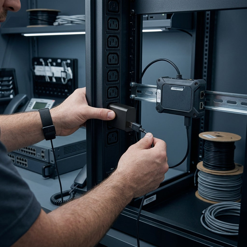 Technician plugging a USB cable into a compact black TechBasic wall charger in a server rack PDU.