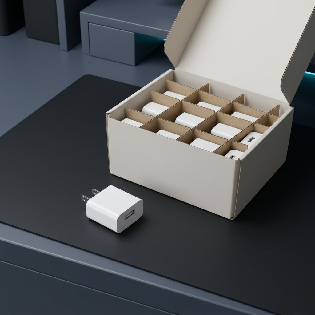 TechBasic 5V 1A USB wall charger beside an open bulk packaging box with divided compartments.