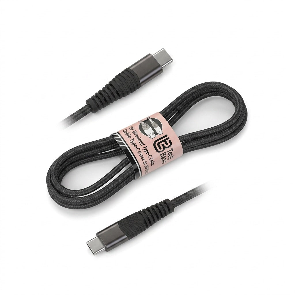 Tech Basic 3 ft black braided USB-C to USB-C cable coiled with reinforced strain-relief connectors.