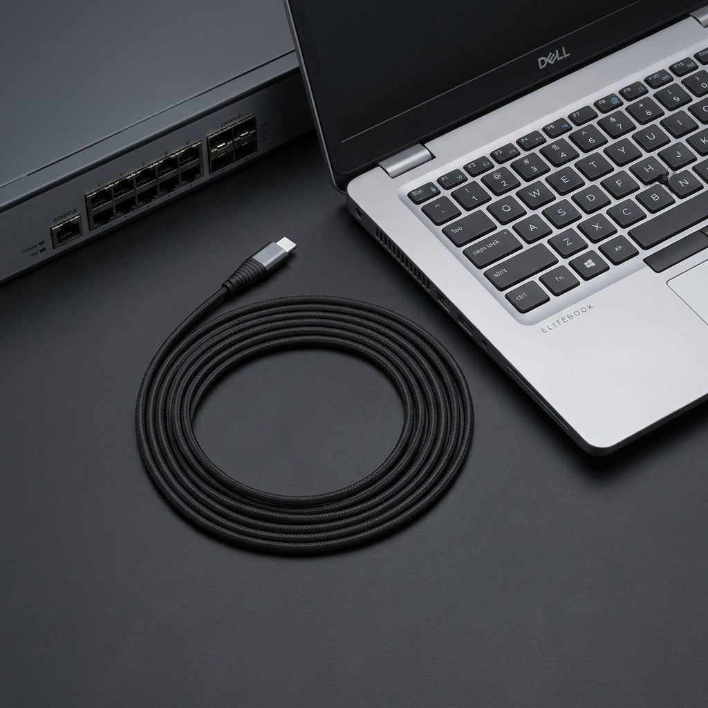Coiled Tech Basic 3 ft braided black USB-C cable next to an enterprise laptop on a dark desk.