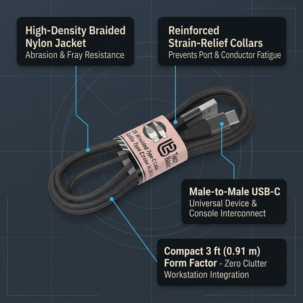Tech Basic 3 ft braided USB-C cable diagram highlighting durable nylon jacket and strain relief.