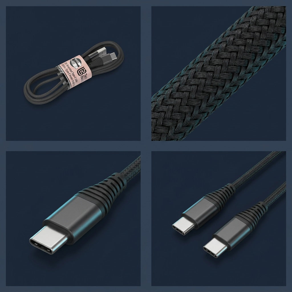 Tech Basic 3 ft braided USB-C cable 4-panel view showing coiled pack, weave texture, and connectors.