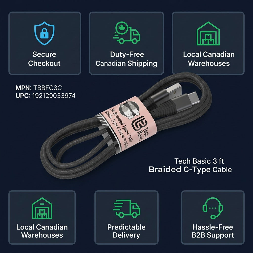 Tech Basic 3 ft braided USB-C cable shown with B2B shipping, checkout, and support badges.