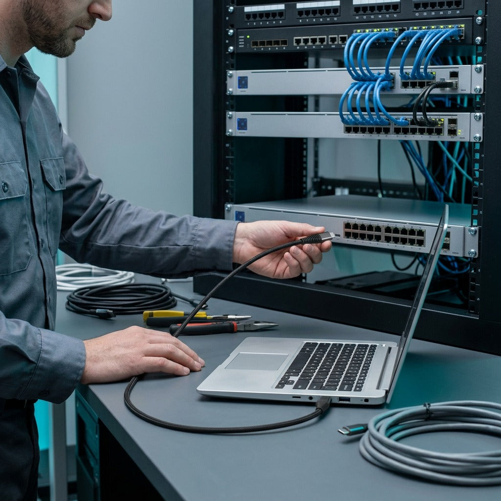 IT technician connecting a Tech Basic braided USB-C cable from a laptop to a server rack.