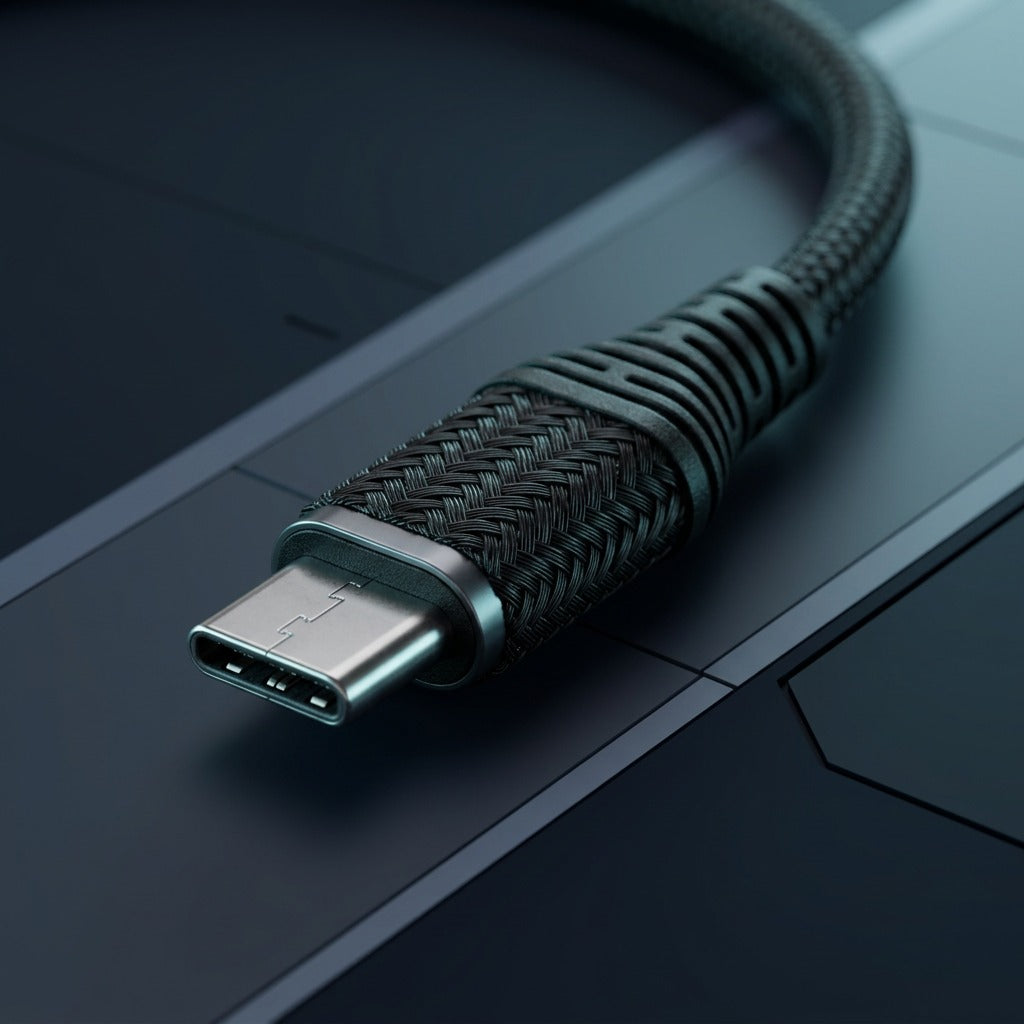 Macro close-up of Tech Basic braided USB-C cable connector with reinforced strain-relief collar.