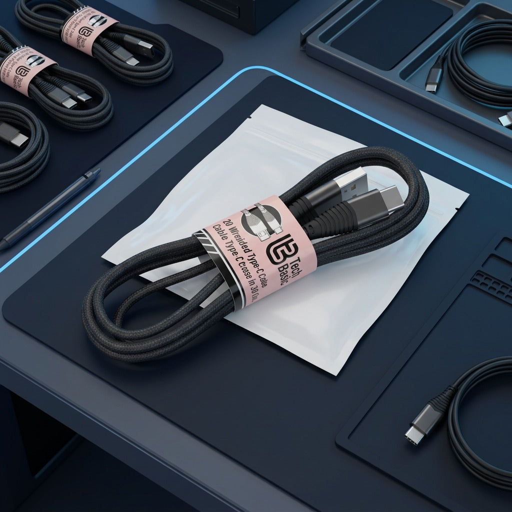 Coiled Tech Basic 3 ft braided USB-C cable with paper band on a protective polybag on a workbench.
