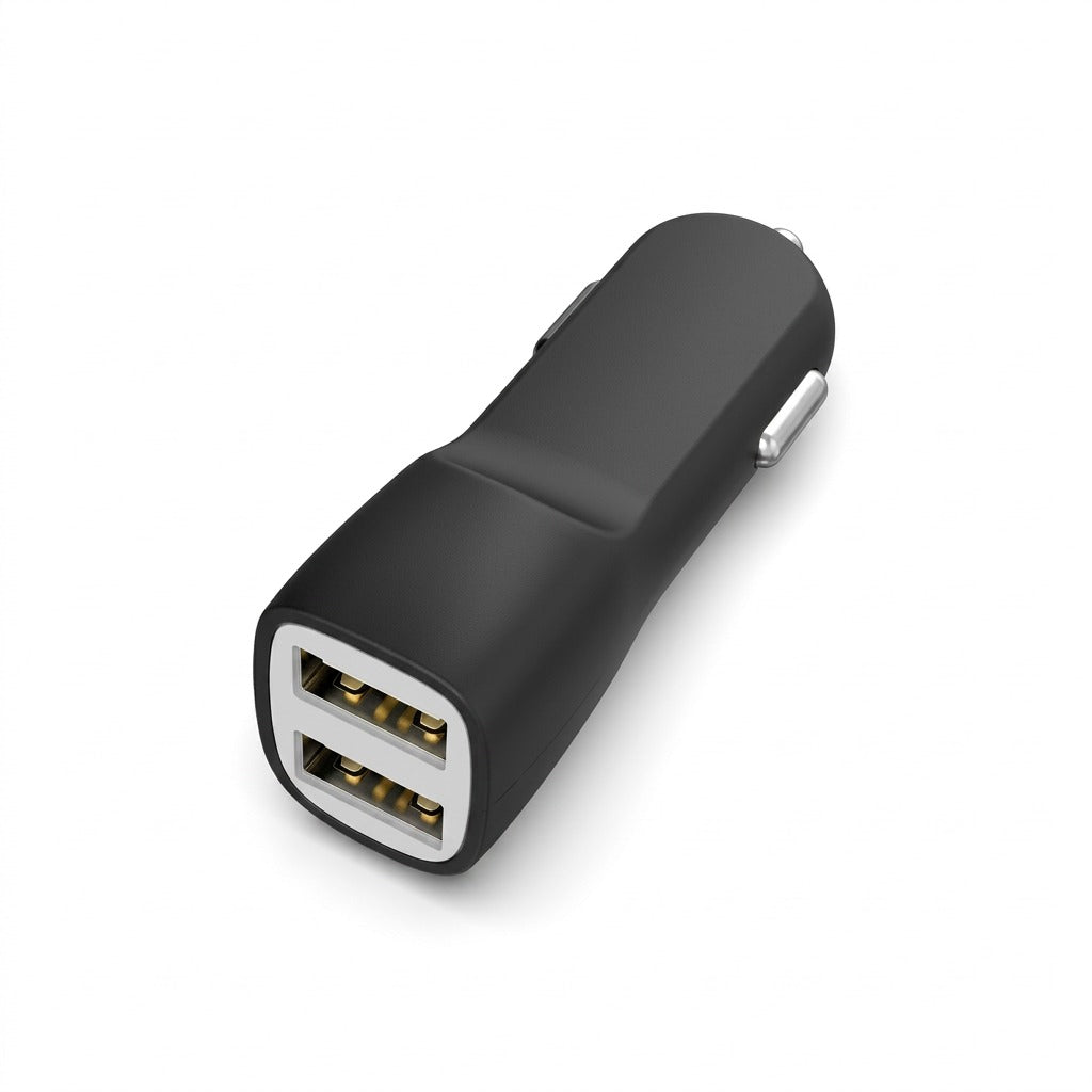 Tech Basic TBBPC2U dual-port USB-A matte black car charger adapter on a white background.