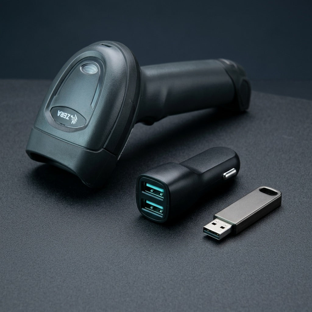 Compact TechBasic dual-port USB car charger shown next to a barcode scanner and USB flash drive.