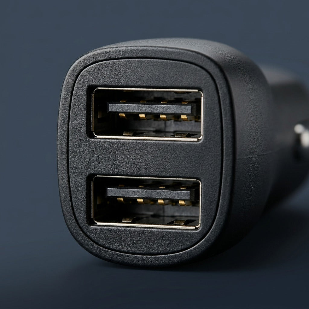 Macro view of dual USB-A charging ports on the black matte TechBasic dual-port car charger.