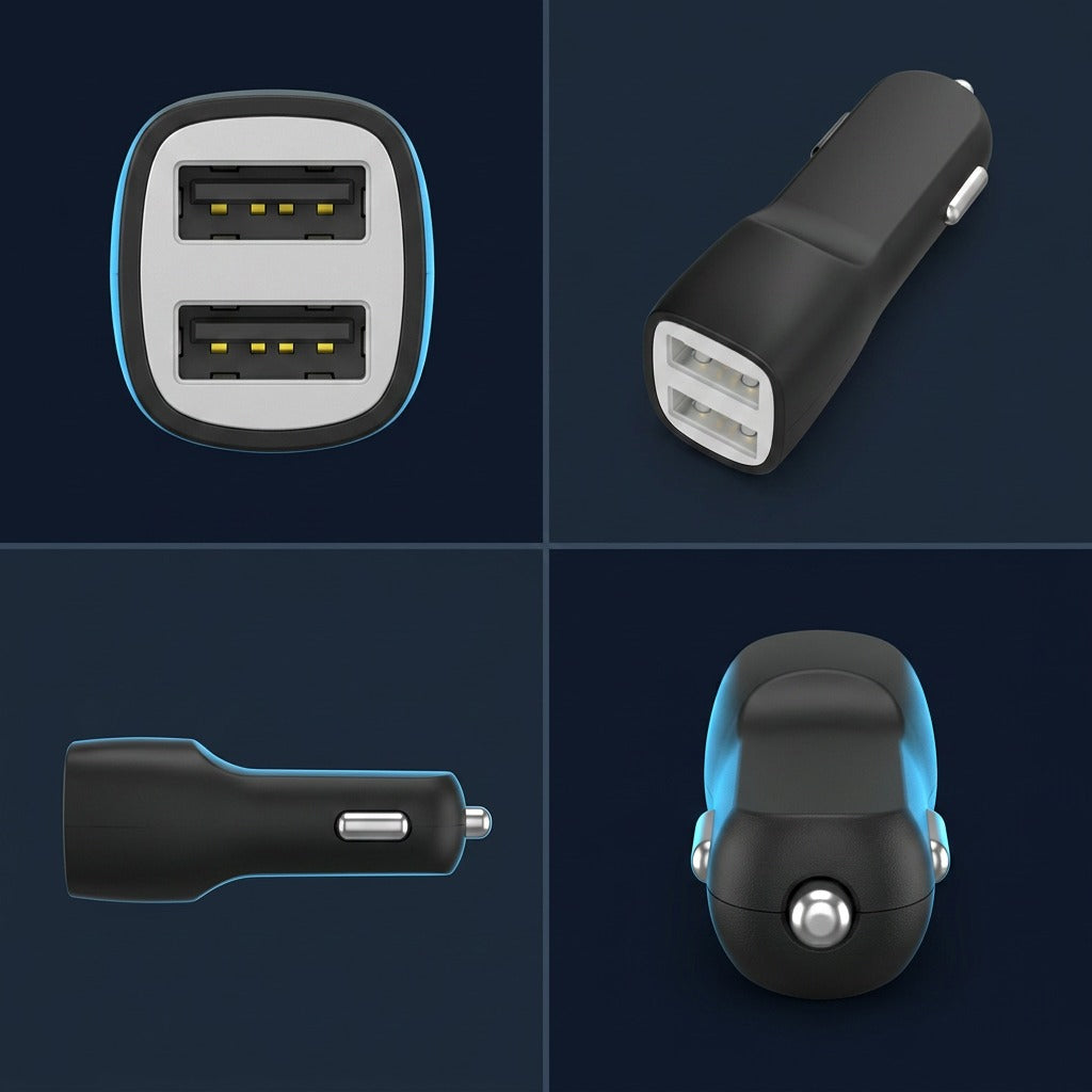 Four-angle view of the black TechBasic dual USB car charger showing ports, profile, and connector pin.