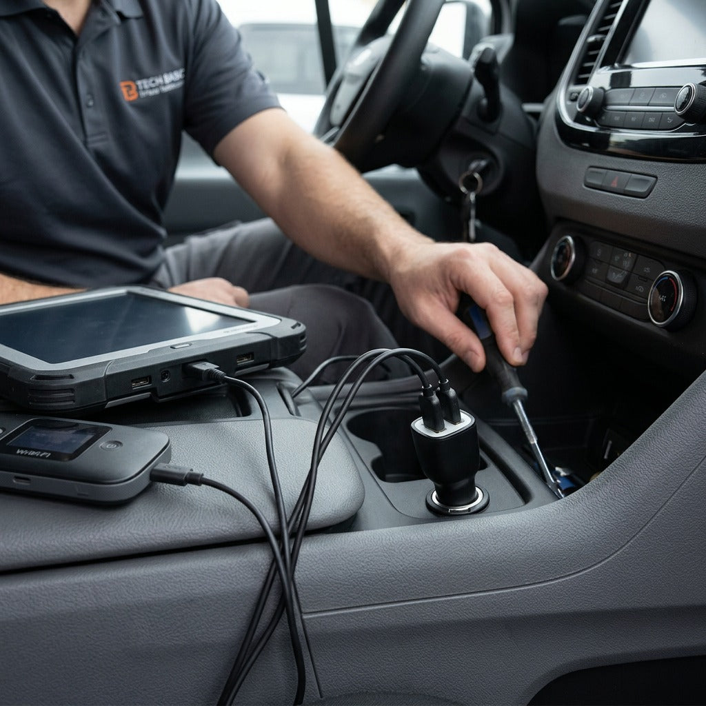 TechBasic dual USB car charger plugged into a vehicle console, powering a rugged tablet and hotspot.