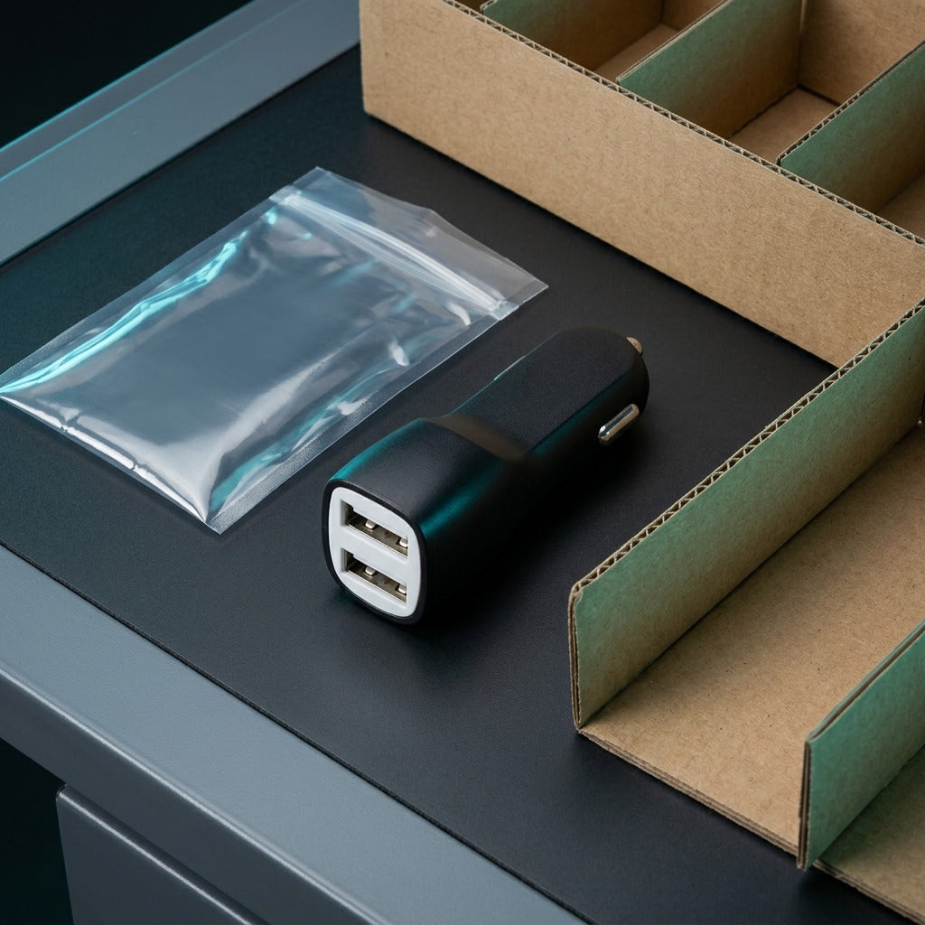 TechBasic dual USB car charger next to a clear protective poly bag and bulk cardboard divider.