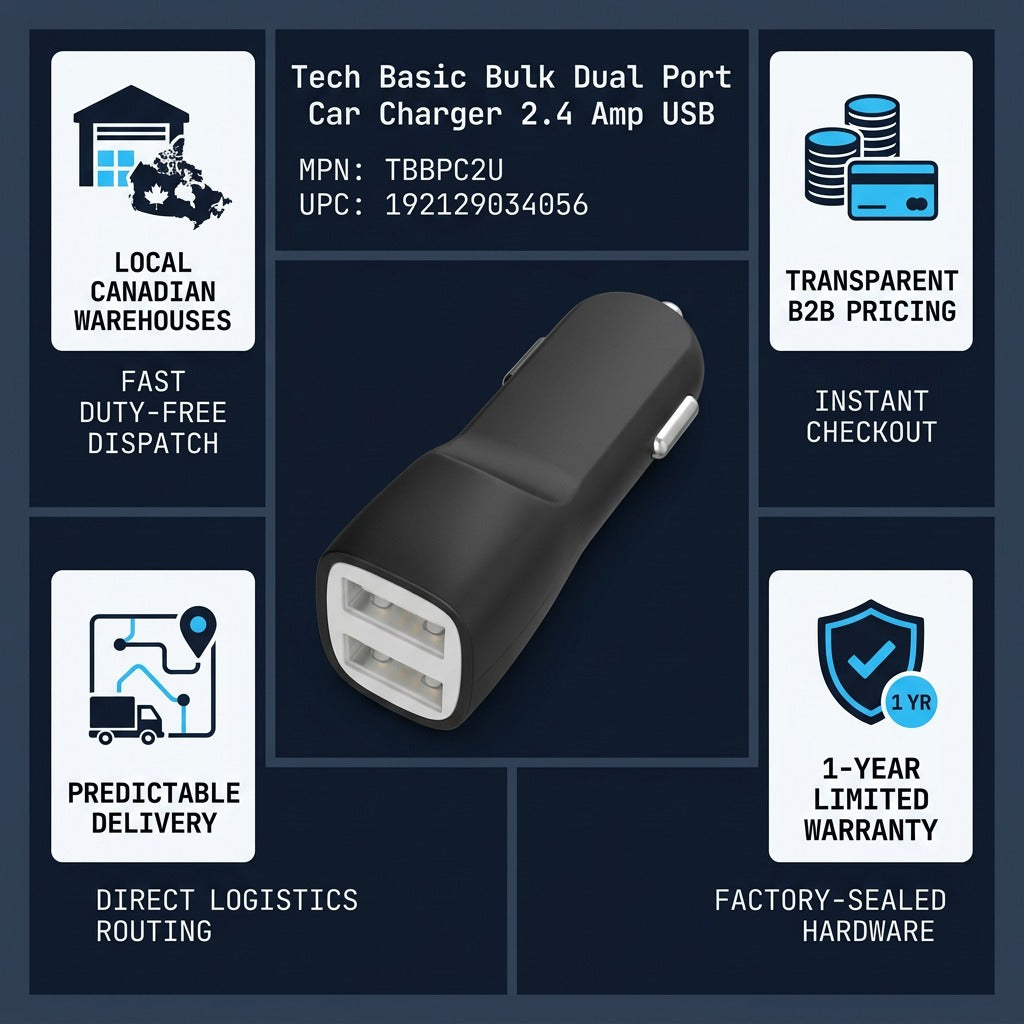 Tech Basic bulk dual-port USB car charger infographic highlighting Canadian shipping and warranty