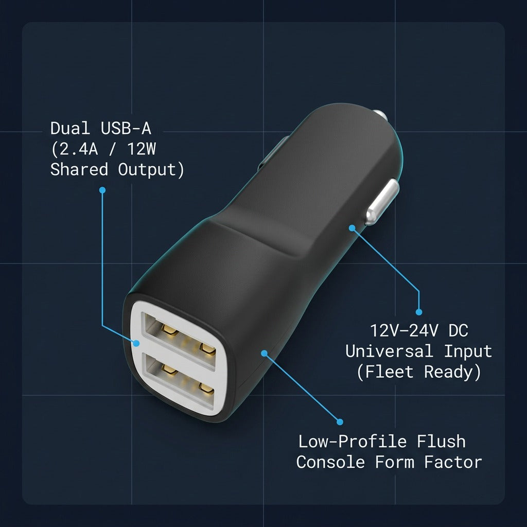 TechBasic TBBPC2U dual USB-A car charger diagram highlighting 12W output, 12V-24V input, and compact design