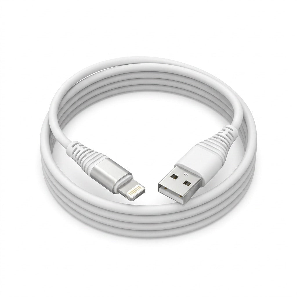 Coiled white TechBasic 3-foot Lightning to USB-A cable with molded connectors on a white background.