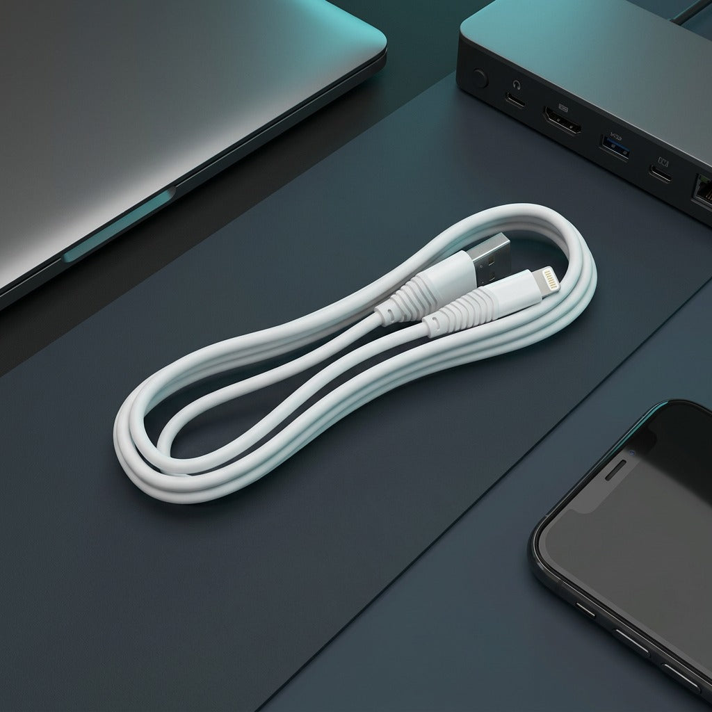 TechBasic 3ft white Lightning to USB-A cable coiled on a desk beside a smartphone and laptop.