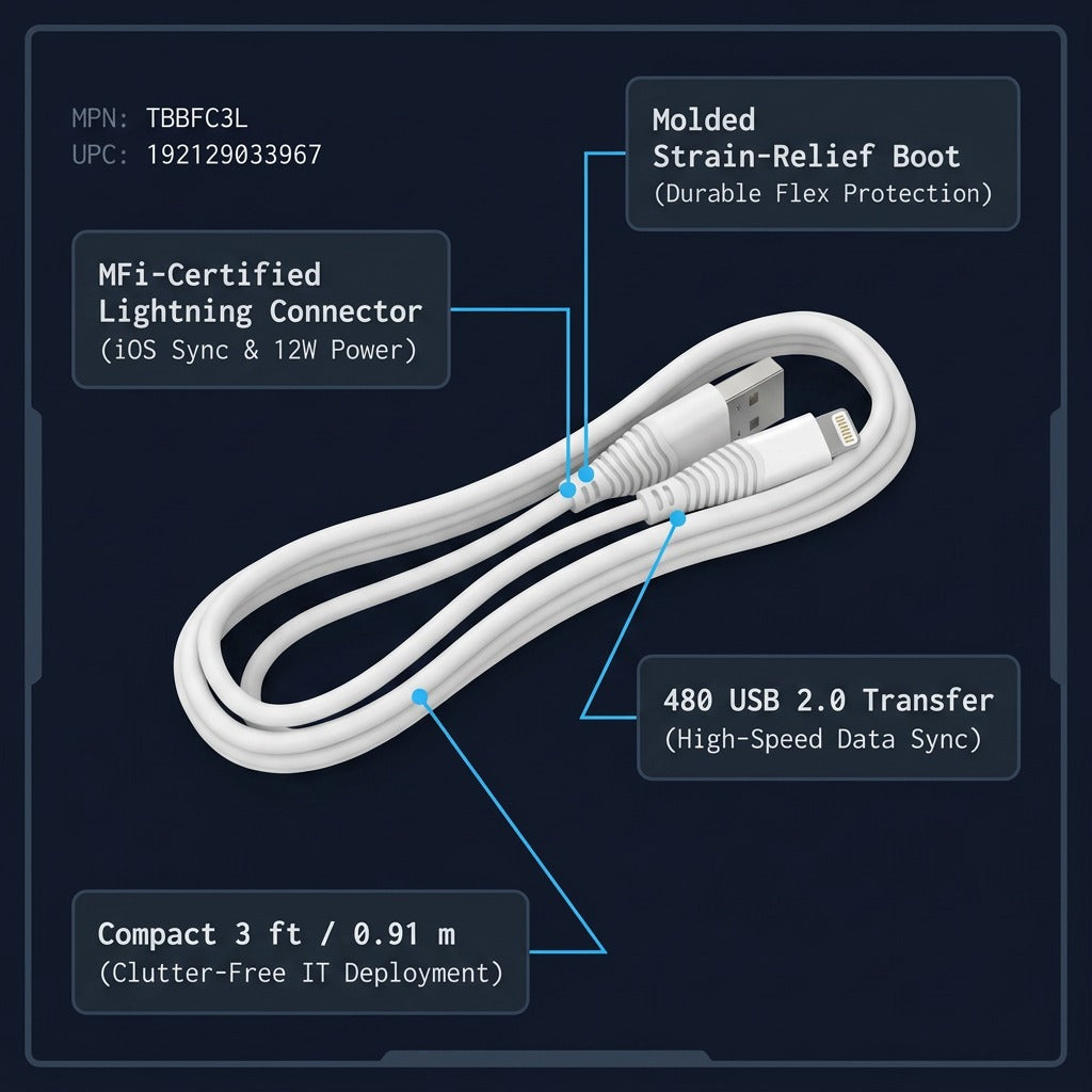 TechBasic 3 ft white Lightning to USB-A cable feature diagram highlighting MFi certification and specs.