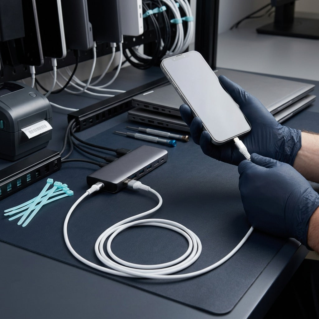 TechBasic 3ft Lightning to USB-A cable connecting a smartphone to a multi-port hub on an IT workstation.