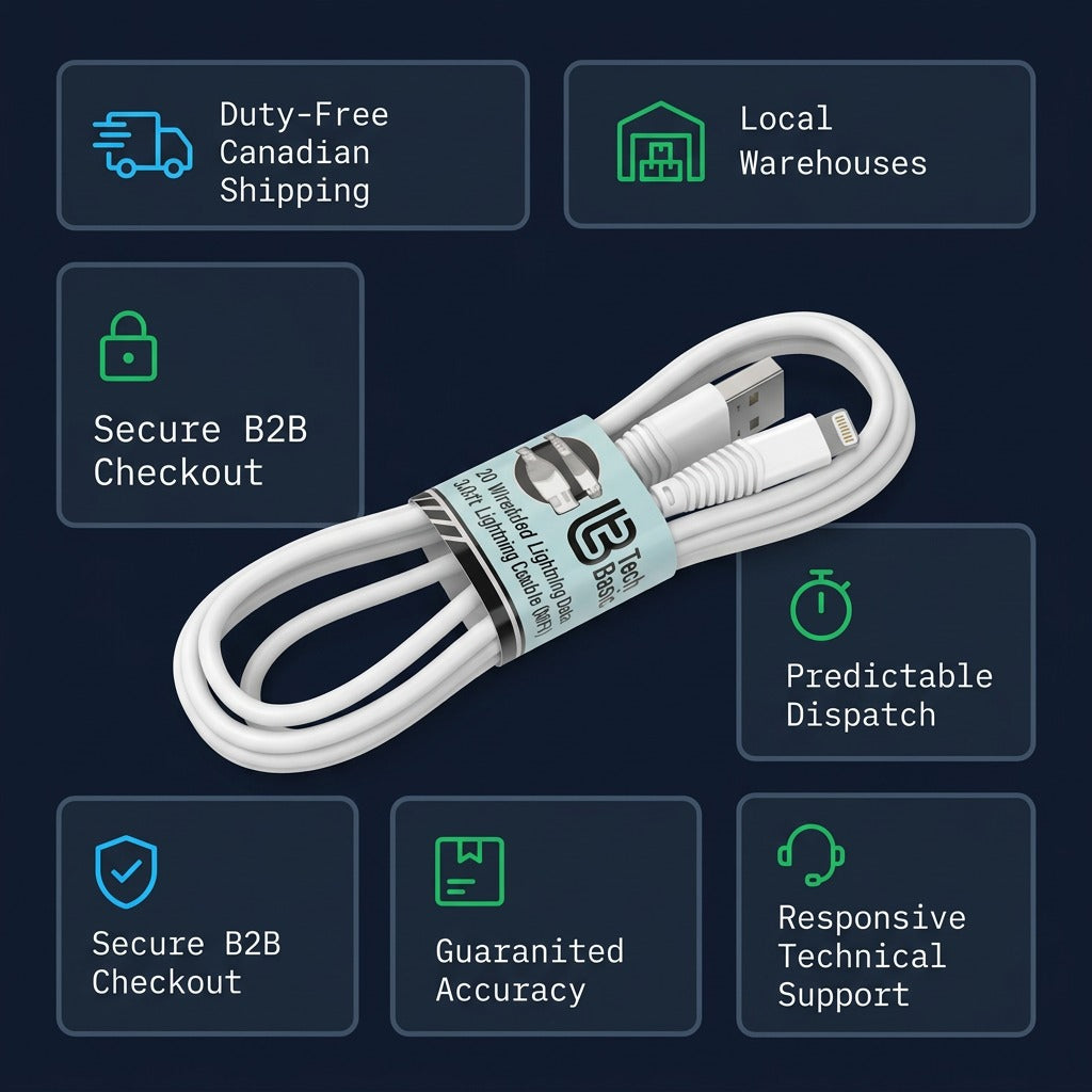 TechBasic 3ft Lightning to USB-A cable infographic highlighting B2B shipping and support services.