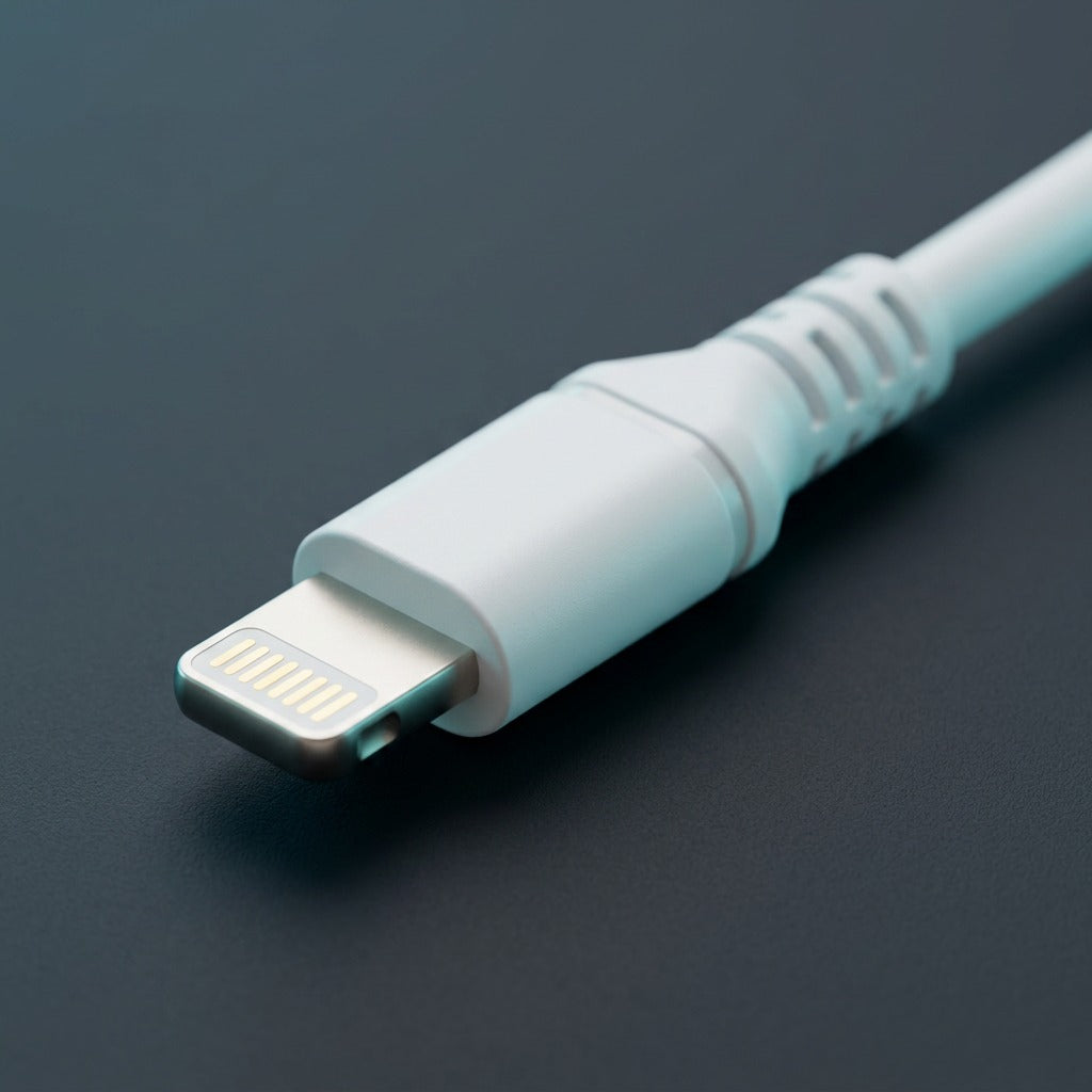 Macro close-up of a white TechBasic Lightning connector tip showing gold pins and strain relief.