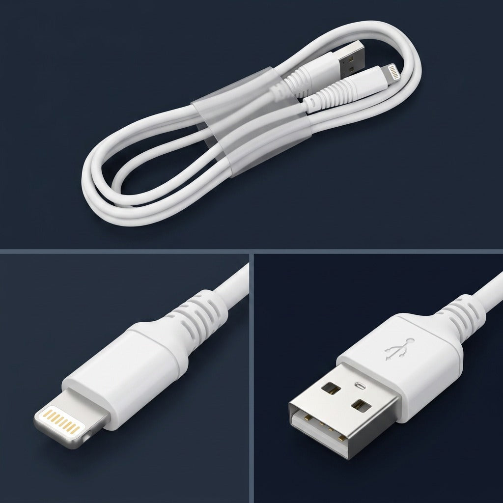 TechBasic 3ft Lightning to USB-A cable showing coiled cord and close-ups of both connectors.
