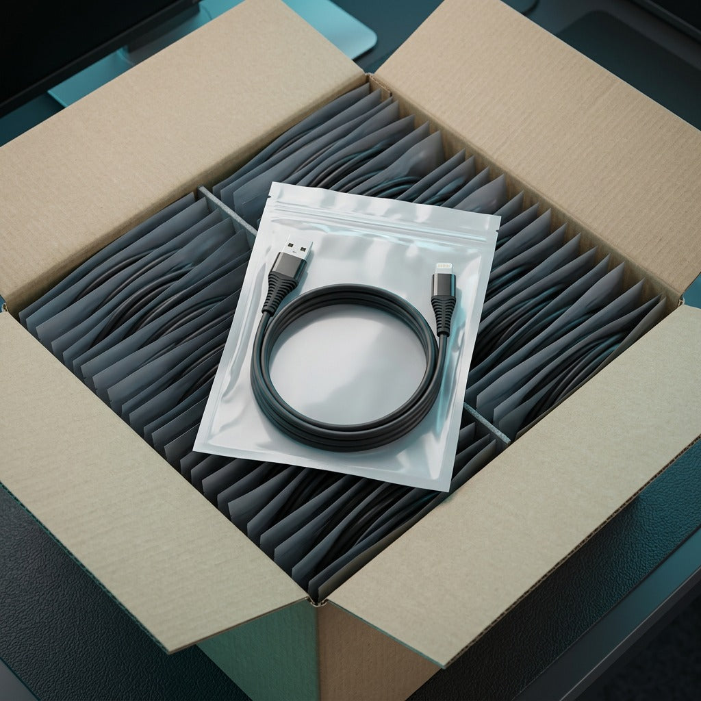 TechBasic bulk 3ft Lightning to USB-A cable sealed in individual polybag over a full shipping box.